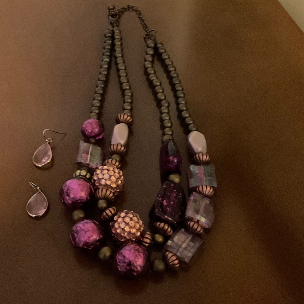 Double stranded hot pink necklace and earrings (3 items for $15)